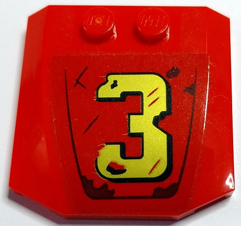 Lego Wedge 4 x 4 x 2/3 Triple Curved with Gold Number 3 and Dark Brown Rust Marks Pattern (Sticker) - Set 70436 / Red