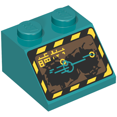 Lego Brick Sloped 45° 2 x 2 with Black and Yellow Border and Screen Print (Rock Raiders) / Dark Turquoise