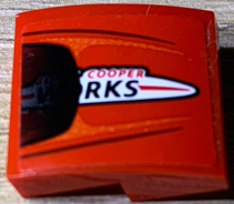 Lego Slope, Curved 2 x 2 x 2/3 with 'COOPER RKS' (WORKS) on White Oval Pattern (Sticker) - Set 75894 / Red