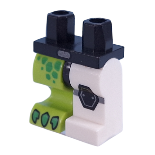 Lego Hips and White Left Leg, Lime Right Creature Leg with Black Knee Pad, Green Claws, Hexagon Spots print / Black