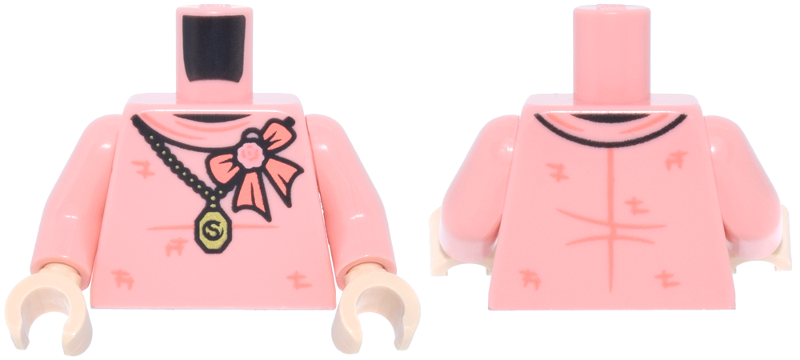 Lego Torso Blouse with Coral Crosshatch and Bow with Flower, Black and Gold Chain and Locket with Letter S Pattern / Warm Pink Arms / Light Nougat Hands