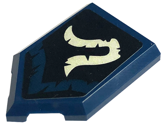 Lego Tile, Modified 2 x 3 Pentagonal with Light Bluish Gray and Dark Blue Curly Symbols on Black Background Pattern Model Right Side (Sticker) - Set 71771 / Dark Blue