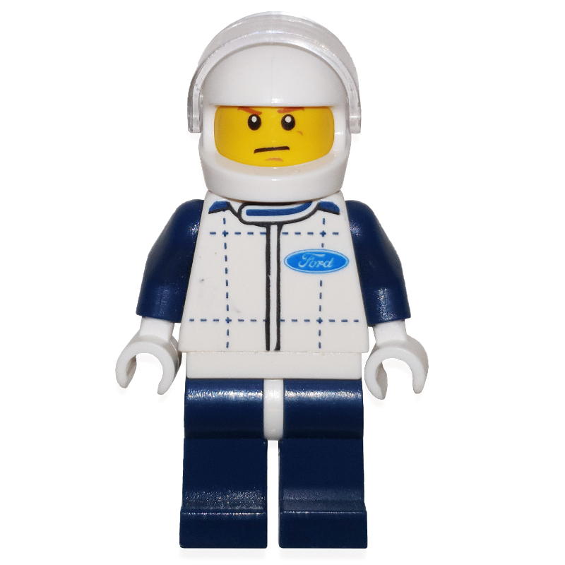Lego Race Driver, White Torso, Dark Blue Legs, White Helmet, Ford