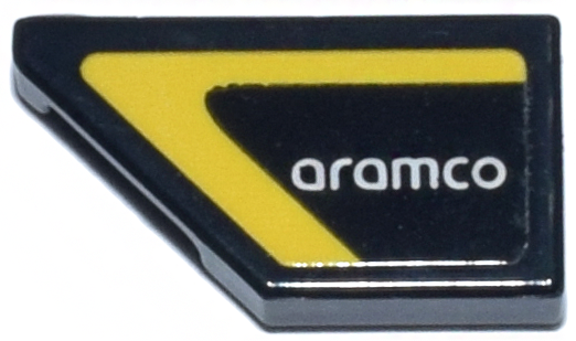 Lego Tile, Modified 1 x 2 Wedge Left with White 'aramco' Logo and Yellow Stripe Border Pattern (Sticker) - Set 76925 / Black