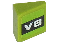 Lego Slope 30 1 x 1 x 2/3 with White 'V8' on Black Background Pattern Model Right (Sticker) - Set 8302 / Lime