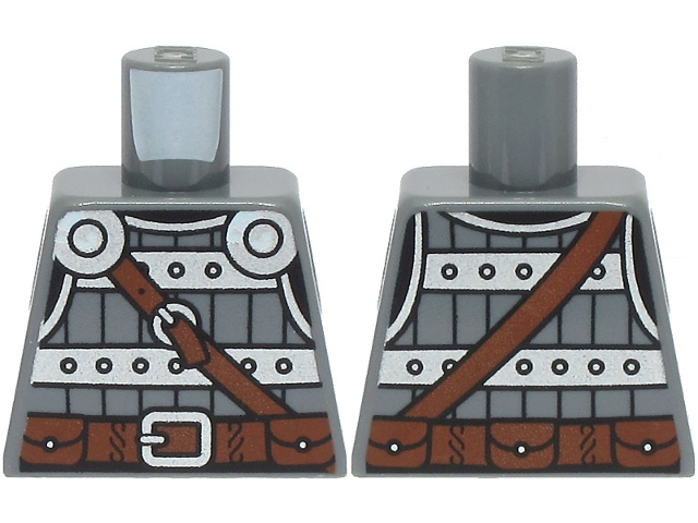 Lego Torso Viking Armor, Metal Studded Breastplate, Silver Shoulder Disks, Reddish Brown Strap and Belt with Buckle Pattern / Dark Bluish Gray