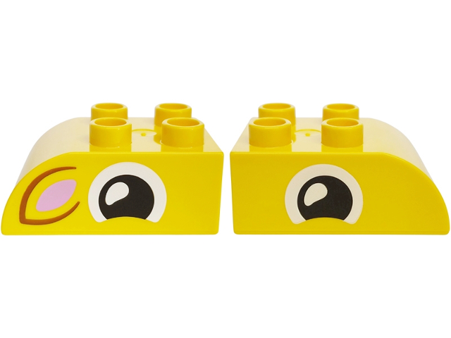 Lego Duplo, Brick 2 x 3 Slope Curved with Black and White Eye, Dark Orange Ear with Bright Pink Auricle Pattern on Opposite Sides Model Right Side