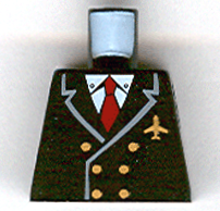 Lego Torso Airplane Pilot, Suit Double Breasted, Red Tie, Gold Buttons and Logo Pin Pattern / Black