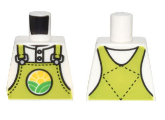 Lego Torso Lime Overalls with Bright Green Hills and Yellow Sun over Shirt Pattern / White
