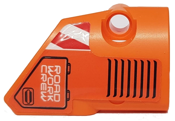 Lego Technic, Panel Fairing # 2 Small Smooth Short, Side B with 'ROAD WORK CREW', Black Vents and Red and White Danger Stripes Pattern (Sticker) - Set 42060 / Orange