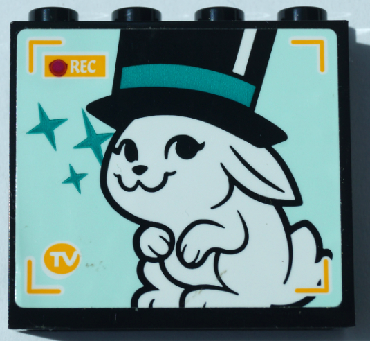 Lego Panel 1 x 4 x 3 with Side Supports - Hollow Studs with White Rabbit in Top Hat, 'REC' and Dark Turquoise Stars on TV Screen Pattern (Sticker) - Set 41368