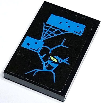 Lego Tile 2 x 3 with Dark Azure Cracks, Bricks, Cobweb and Yellowish Green Eye Pattern (Sticker) - Set 70430 / Black