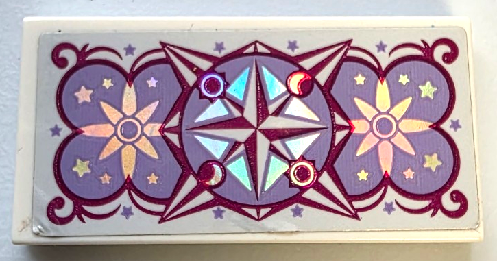 Lego Tile 2 x 4 with Cushion with Iridescent Mirrored Flowers and Stars, Magenta Filigree, Suns and Moons on Lavender Background Pattern (Sticker) - Set 41686