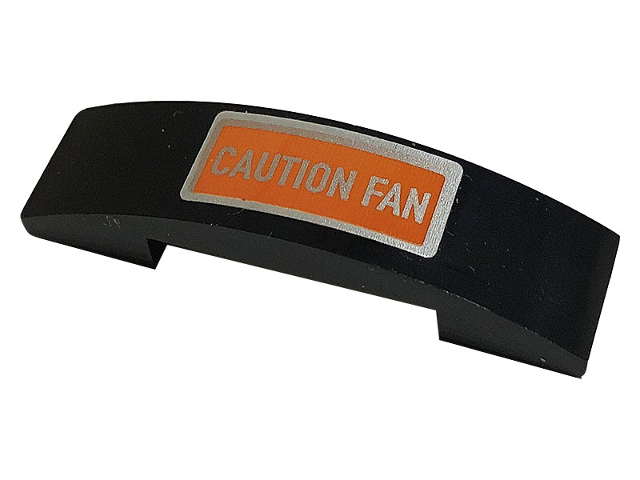 Lego Slope, Curved 4 x 1 x 2/3 Double with Silver 'CAUTION FAN' with Border on Orange Background Pattern (Sticker) - Set 10265