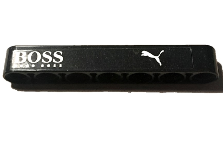Lego Technic, Liftarm Thick 1 x 7 with White Puma and Boss Logos Pattern Model Right Side (Sticker) - Set 42137 / Black
