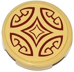 Lego Tile, Round 2 x 2 with Bottom Stud Holder with Cushion with Dark Red Swirls and Diamonds Pattern (Sticker) - Set 41075 / Tan