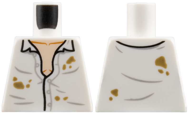 Lego Torso Button Up Shirt Partially Open, Light Bluish Gray Creases, Dark Tan Dirt Stains, Light Nougat Chest Pattern / White