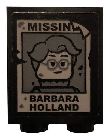 Lego Brick 1 x 2 x 2 with Inside Stud Holder with 'MISSIN', Woman Minifigure with Glasses, and 'BARBARA HOLLAND' Pattern (Sticker) - Set 75810 / Black