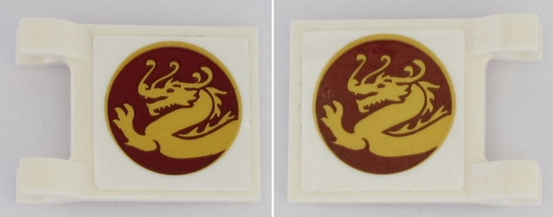 Lego Flag 2 x 2 Square with Flat Edge with Gold Dragon in Dark Red Circle Horizontal Pattern on Both Sides (Stickers) - Set 70618 / White