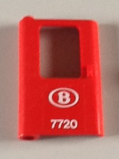 Lego Door 1 x 4 x 5 Train Left, Thin Support at Bottom with White 'B 7720' Pattern (Sticker) - Set 7720 / Red