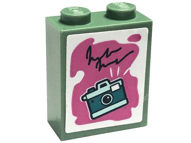 Lego Brick 1 x 2 x 2 with Inside Stud Holder with Dark Turquoise and Light Aqua Camera on Dark Pink Background Pattern (Sticker) - Set 41711 / Sand Green