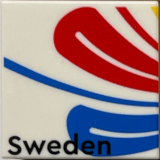 Lego Tile 2 x 2 with Blue and Red Swirls and Black 'Sweden' Pattern / White