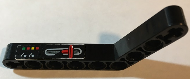 Lego Technic, Liftarm, Modified Bent Thick 1 x 9 (6 - 4) with Red Lever and Six Buttons Pattern Model Right Side (Sticker) - Set 8253 / Black