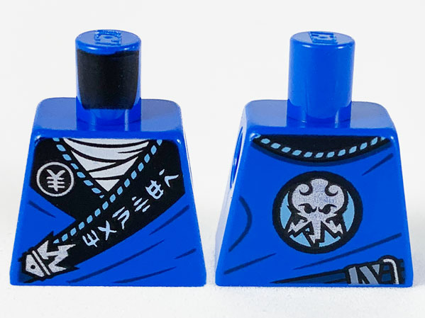 Lego Torso Tunic, White Shirt, Wide Black Hems with White Ninjago Logogram 'MANTER' on Hem and Silver Octopus Pattern / Blue
