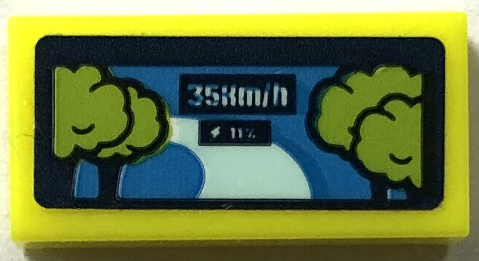 Lego Tile 1 x 2 with Display Screen with Trees, Path and '35km/h' Pattern (Sticker) - Set 41744 / Vibrant Yellow