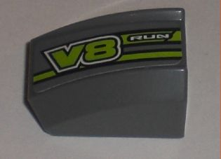Lego Slope, Curved 2 x 2 Lip with 'RUN' and 'V8' Pattern Model Left (Sticker) - Set 8192 / Dark Bluish Gray