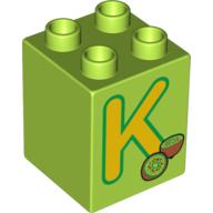 Lego Duplo Brick 2 x 2 x 2 with 'K' and Kiwi Print