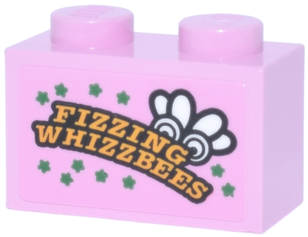 Lego Brick 1 x 2 with Green Stars, White Eyes and Wings and Black and Bright Light Orange 'FIZZING WHIZZBEES' Pattern (Sticker) - Set 76457 / Bright Pink