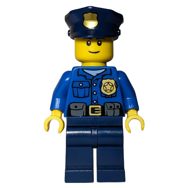 Lego Policeman, Blue Shirt with Badge and Pouches, Dark Blue Legs, Dark Blue Police Hat with Badge