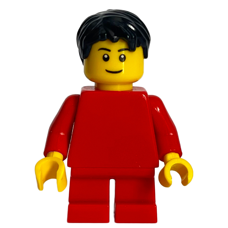 Lego Boy, Plain Red Torso, Short Red Legs, Black Hair