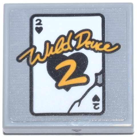 Lego Tile 2 x 2 with Black and White Playing Card 2 of Hearts with Torn Corner and Bright Light Orange 'Wild Deuce 2' Pattern (Sticker) - Set 76271 / Light Bluish Gray