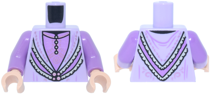 Lego Torso Robe with Silver Trim Layers, Metallic Pink Clasp and Swirls over Medium Lavender Top with Buttons Pattern / Medium Lavender Arms / Light Nougat Hands