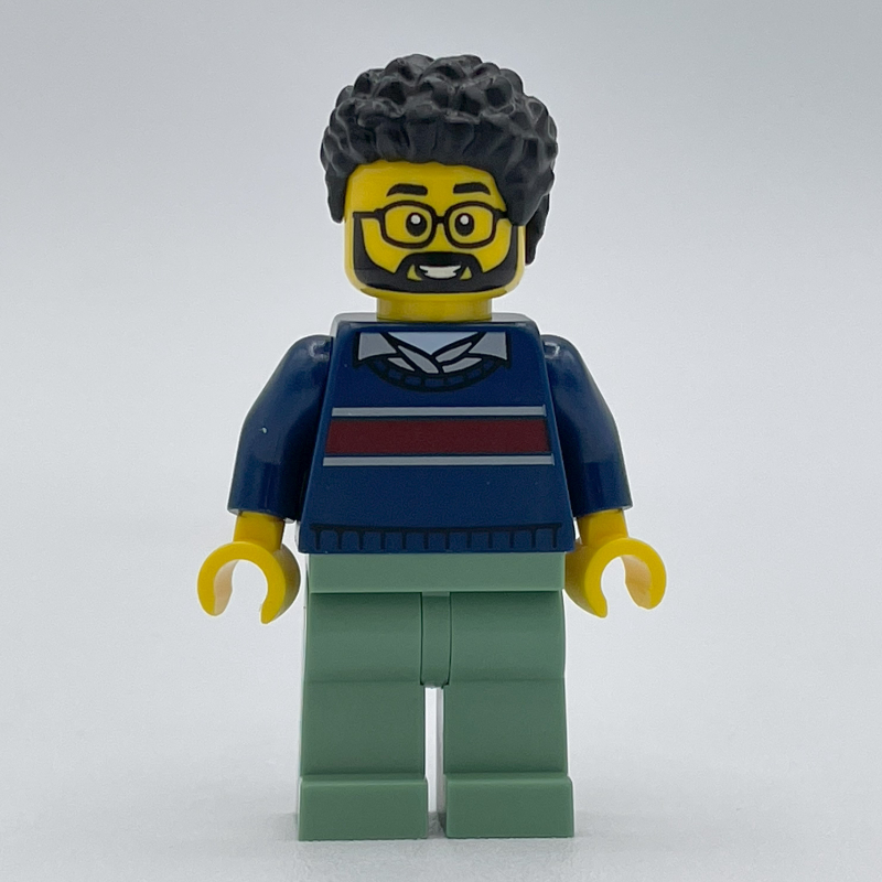 Lego Man, Dark Blue Sweater, Sand Green Legs, Beard and Glasses
