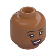 Lego Minifig Head, Black Eyebrows, Eye Lashes, Dark Red Lips, Lobsided Smile / Open Mouth Smile / Sienna Brown