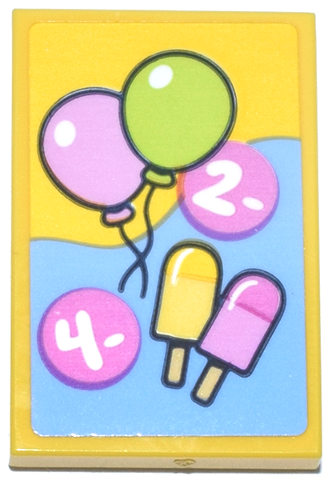 Lego Tile 2 x 3 with Bright Pink and Lime Balloons, Popsicles, Dark Pink Price Sign Numbers 2 and 4 on Bright Light Blue Background Pattern (Sticker) - Set 42692