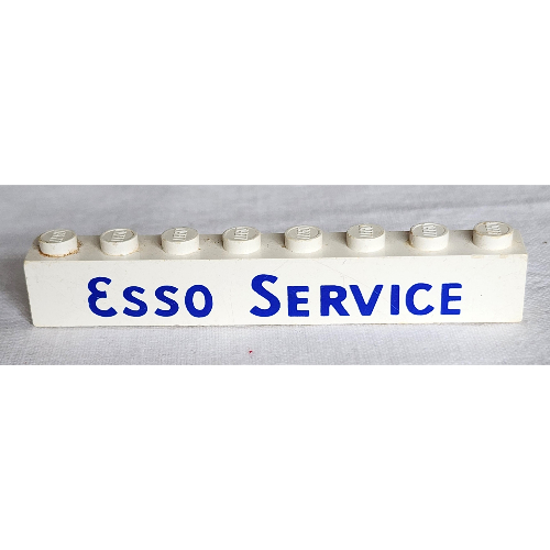 Lego Brick 1 x 8 with 'ESSO SERVICE' Long Bold Blue Print / White
