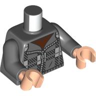 Lego Torso, Sweater, Black/Light Bluish Grey Square, Zipper, Dark Brown Shirt print, Dark Bluish Gray Arms, Light Nougat Hands / Dark Bluish Gray