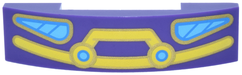 Lego Slope, Curved 4 x 1 x 2/3 Double with Yellow and Gold Car Bumper and Brush Guard and Dark Azure and Medium Azure Headlights Pattern / Dark Purple