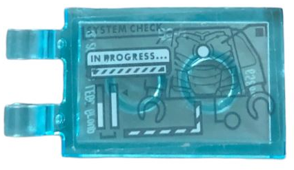 Lego Tile, Modified 2 x 3 with 2 Open O Clips with Display Screen with Iron Man Torso, 'SYSTEM CHECK' and 'IN PROGRESS...' Pattern (Sticker) - Set 76216 / Trans-Light Blue