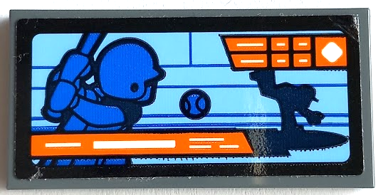 Lego Tile 2 x 4 with Screen with Baseball Game, Blue Ball and Minifigure, Orange Stripes and White Lines on Light Aqua Background Pattern (Sticker) - Set 60227