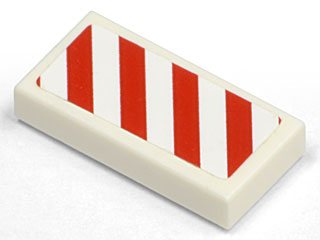 Lego Tile 1 x 2 with Diagonal Stripes Red Right Pattern (Sticker) - Set 7635 / White