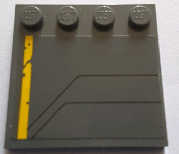 Lego Tile, Modified 4 x 4 with Studs on Edge with Worn Yellow Stripe and Black Lines Pattern Model Left Side (Sticker) - Set 75155