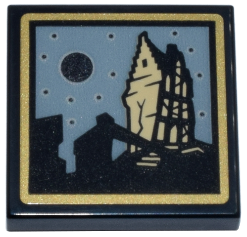 Lego Tile 2 x 2 with Tan Shrieking Shack, Mirrored Stars and Moon, Sand Blue Sky in Gold Frame Pattern (Sticker) - Set 76457