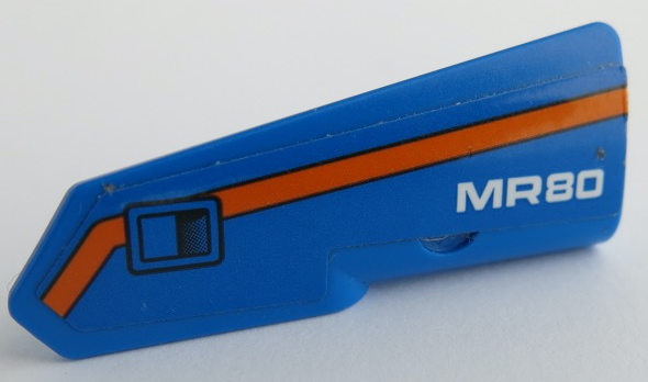 Lego Technic, Panel Fairing #21 Very Small Smooth, Side B with White 'MR80', Orange Stripe, and Black Door Handle Pattern (Sticker) - Set 42071 / Blue
