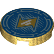 Lego Tile Round 2 x 2 with Light Blue Circular Lines and Dots on Blue Background with Orange Lightning Bolt Print / Pearl Gold