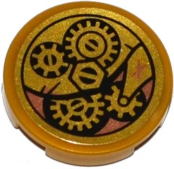 Lego Tile, Round 2 x 2 with Bottom Stud Holder with Bolt and Cog Wheels Pattern (Sticker) - Set 70754 / Pearl Gold